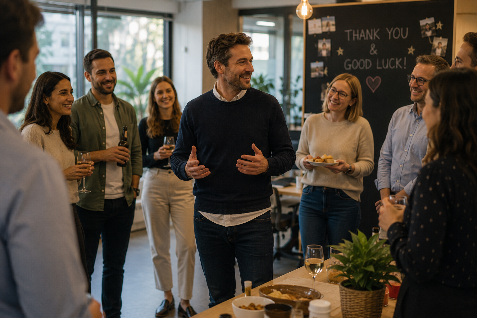 Colleagues gathered around a leaving speech with a 'Thank You & Good Luck' chalkboard